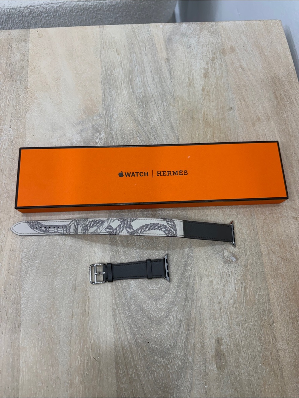 Hermes Apple Watch Band in Orange Box with Gray and White Strap